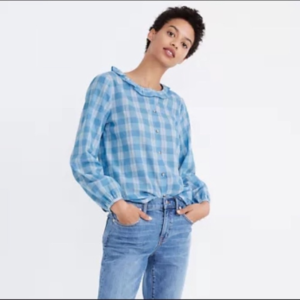 Madewell Ruffle Neck Top Colwell Plaid
